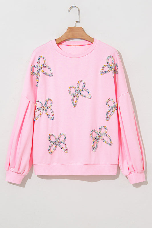 Light Pink Embroidered Bow Oversized Pullover Sweatshirt