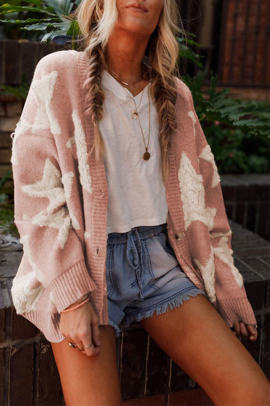 Sherpa Star Pattern Sweater Cardigan with Pockets