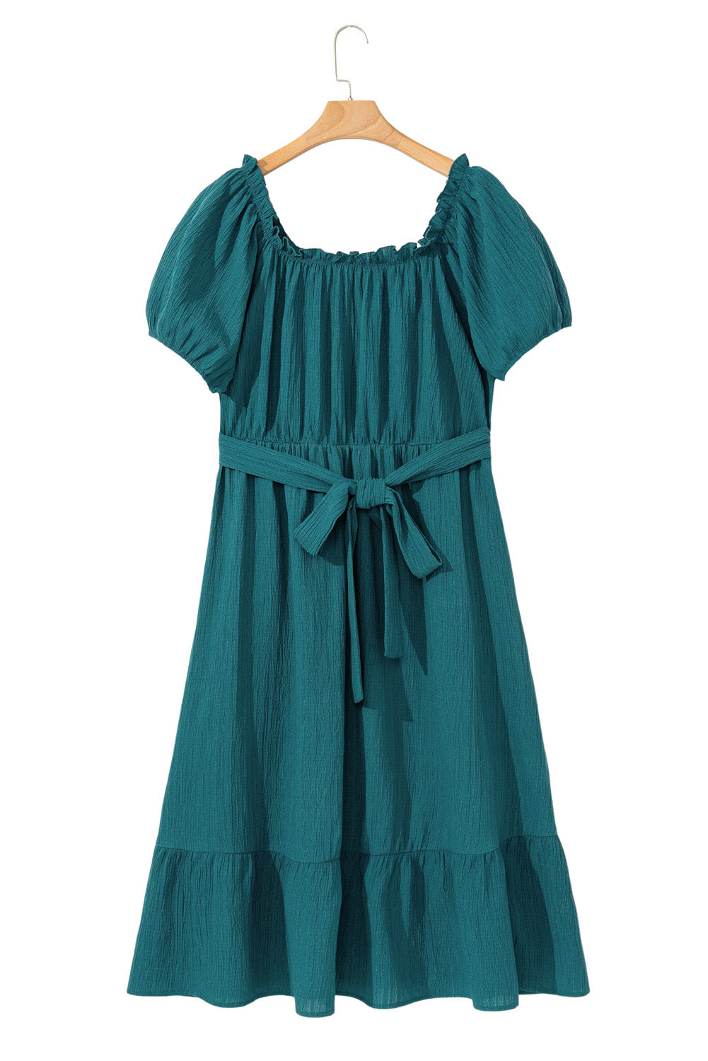 Puff Sleeve Belted Ruffle Hem Plus Size Dress