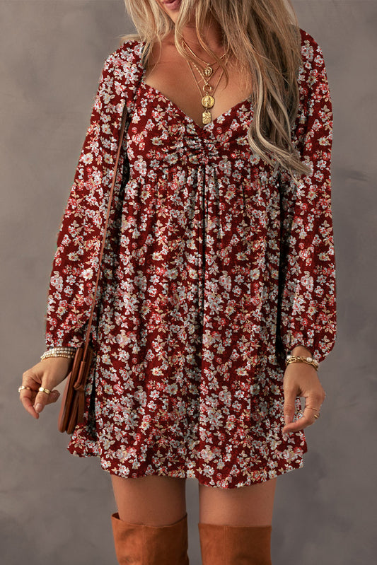 Floral Print Sweetheart Neck Shirred Back Dress