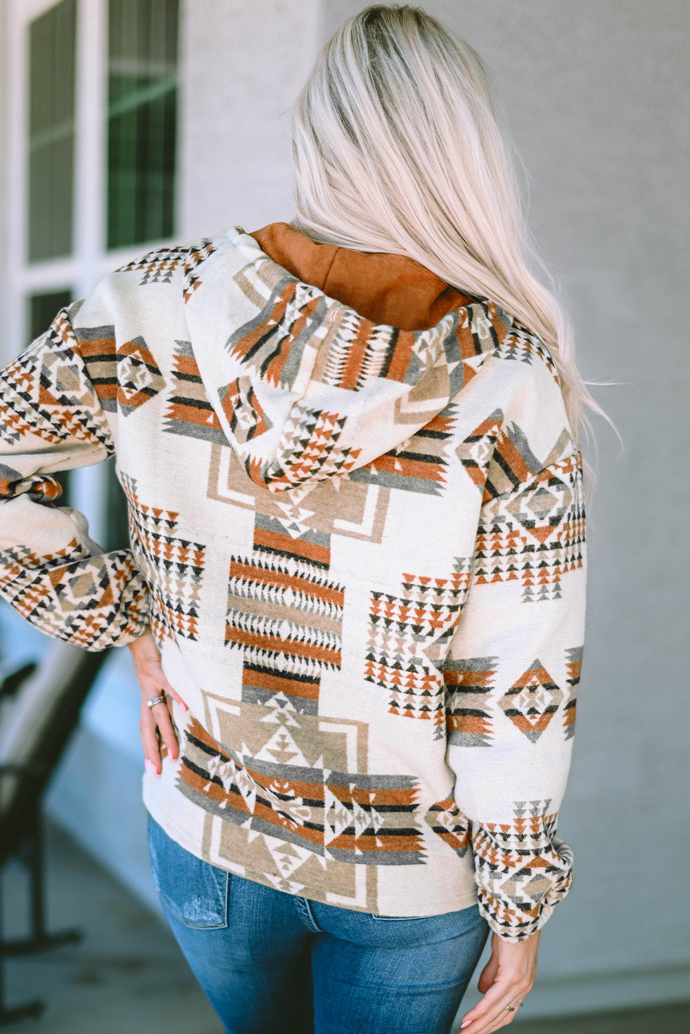 Beige Aztec  Kangaroo Pocket Half-Zip Hoodie