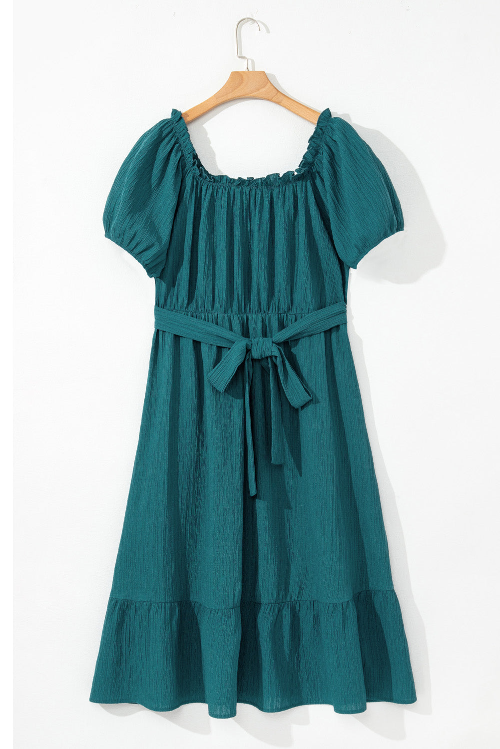 Puff Sleeve Belted Ruffle Hem Plus Size Dress