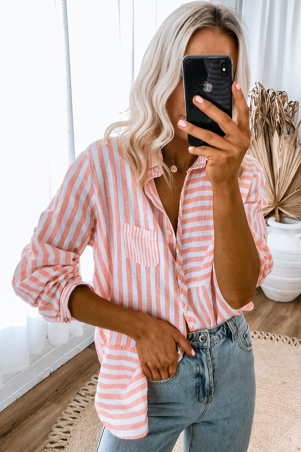 Pink Stripe Buttoned Long Sleeve Shirt