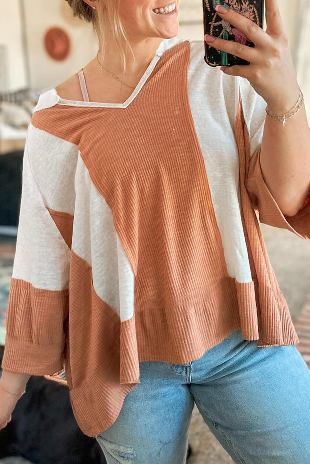 Textured Colorblock 3/4 Sleeve Oversize Top