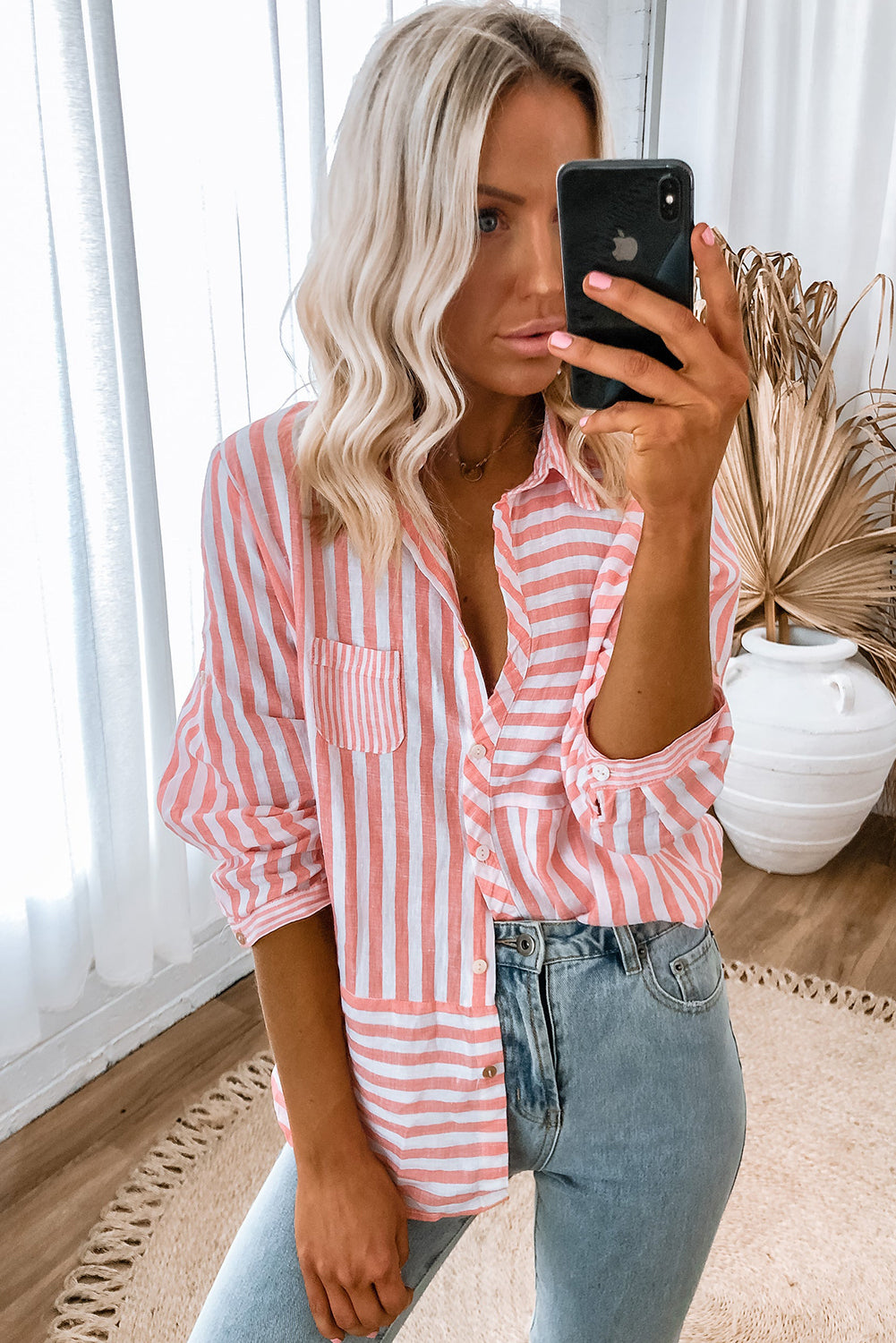 Pink Stripe Buttoned Long Sleeve Shirt