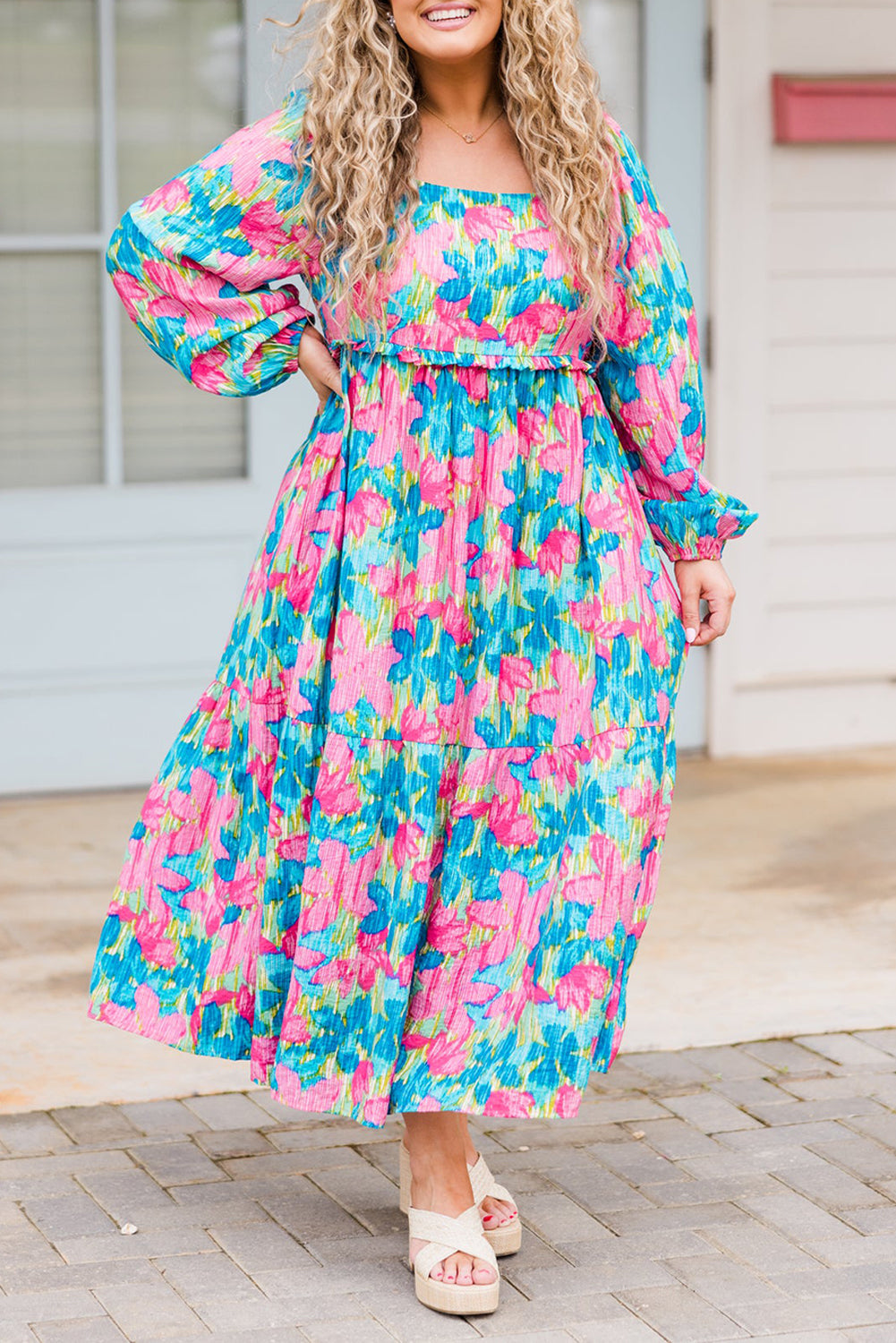 Floral Print Shirred Square Neck Plus Size Dress