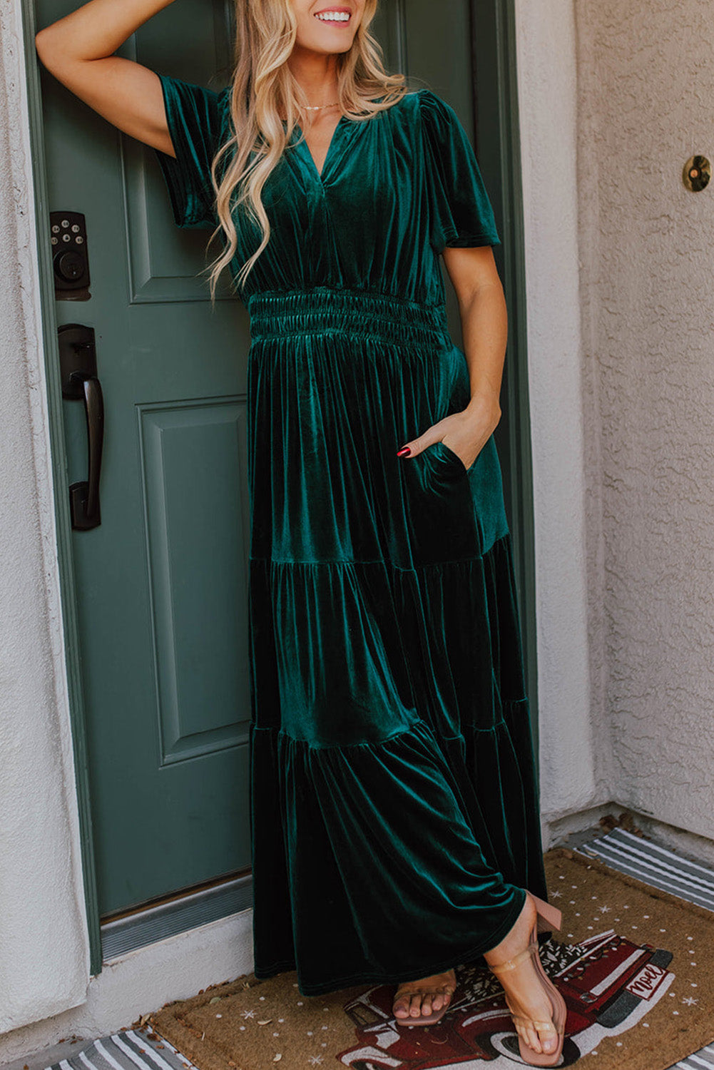 Velvet Short Sleeve Shirred Waist Tiered Maxi Dress