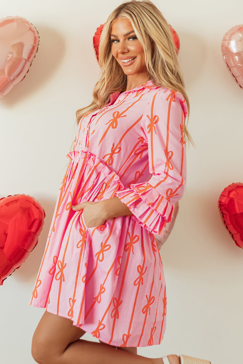 Pink Bowknot Striped Printed Tiered Ruffled Shirt Dress
