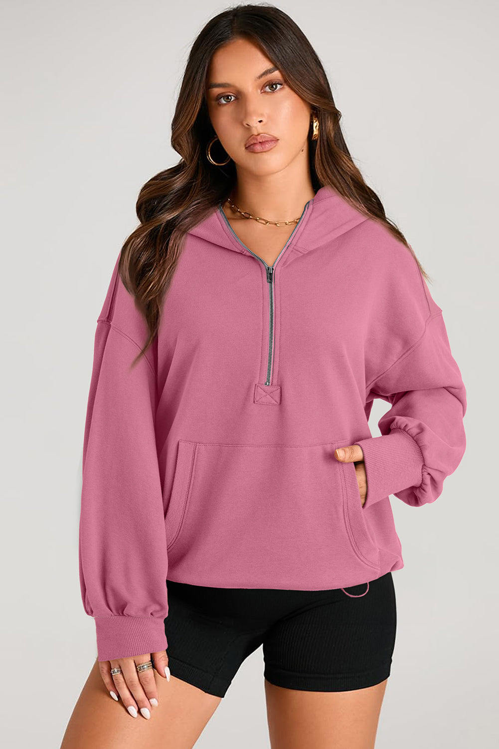 Solid Kangaroo Pocket Half Zipper Oversized Hoodie