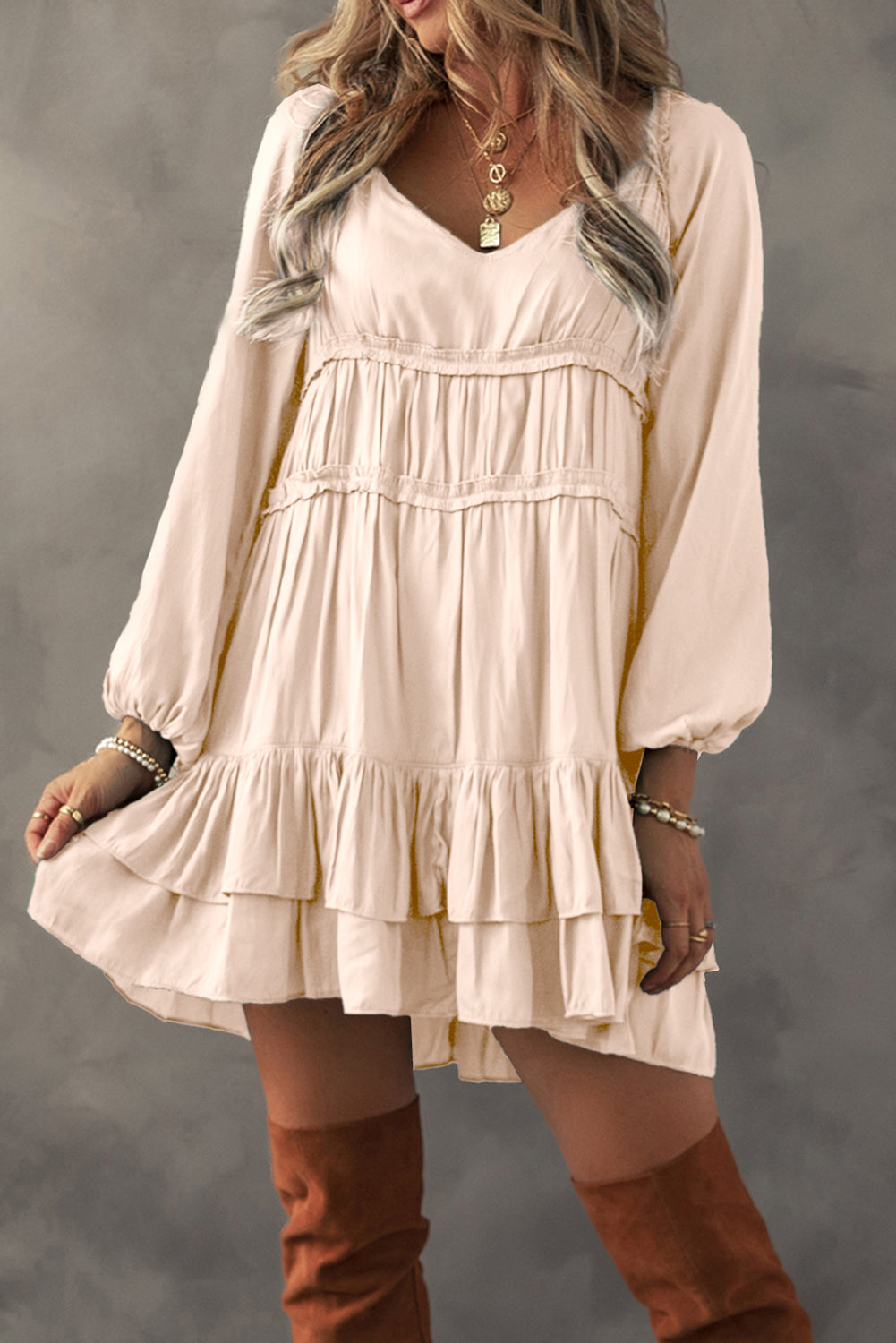 Tiered Ruffled Puff Sleeve Loose Fit Dress