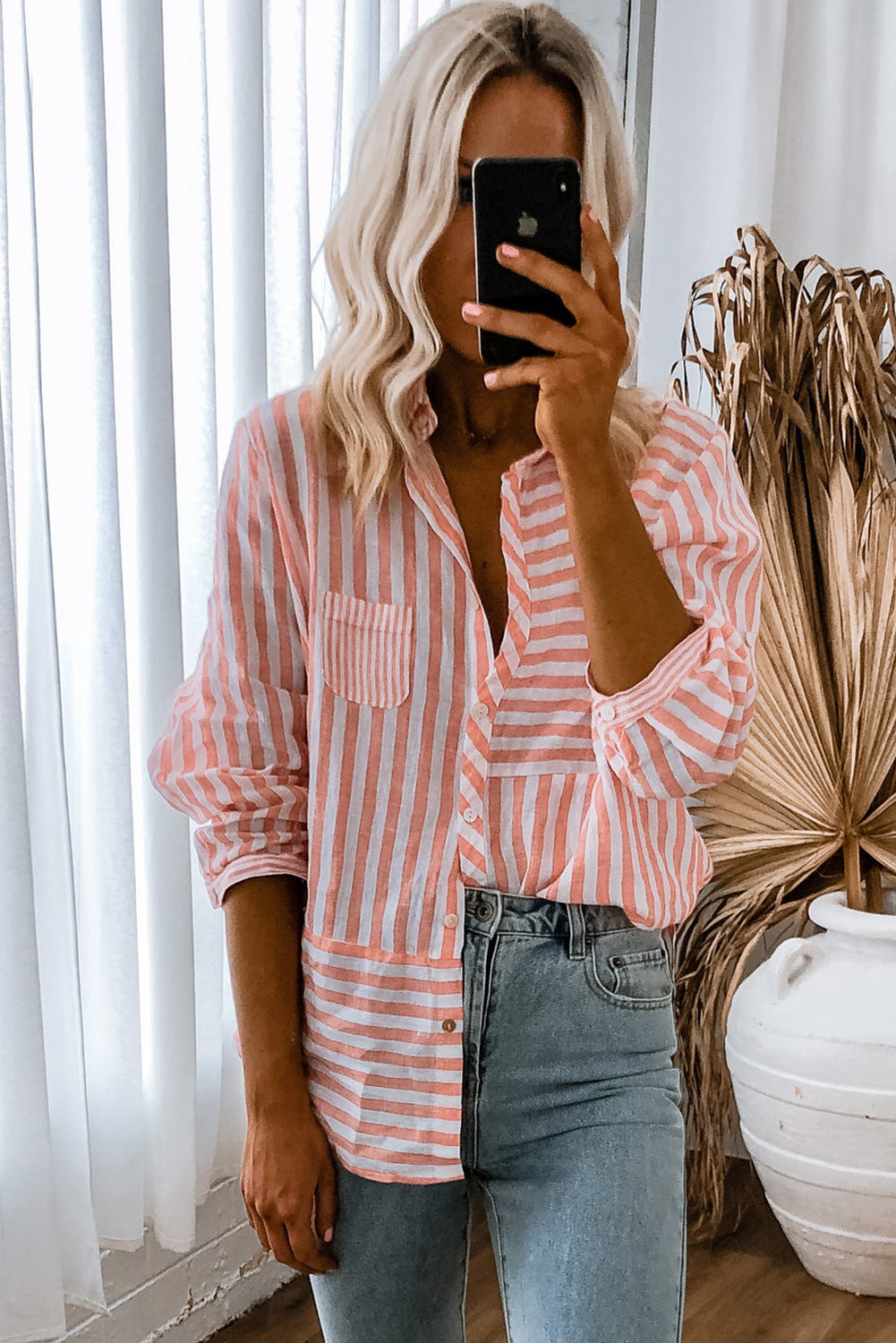 Pink Stripe Buttoned Long Sleeve Shirt