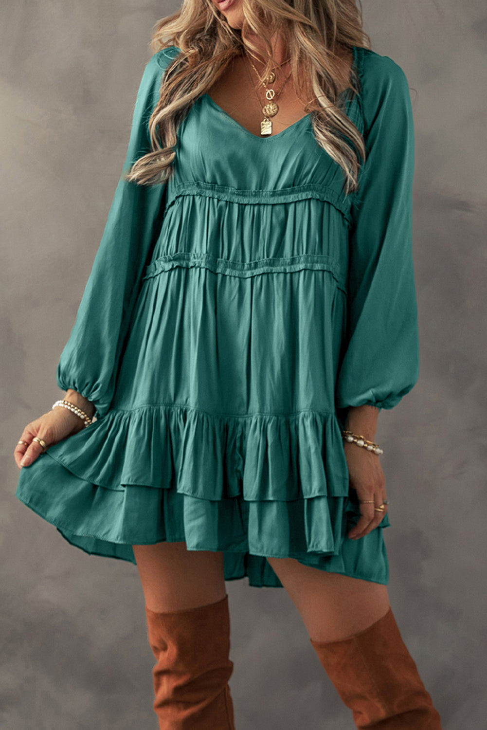 Tiered Ruffled Puff Sleeve Loose Fit Dress