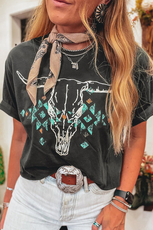 Western Bull Head Skull Turquoise Aztec Graphic Tee