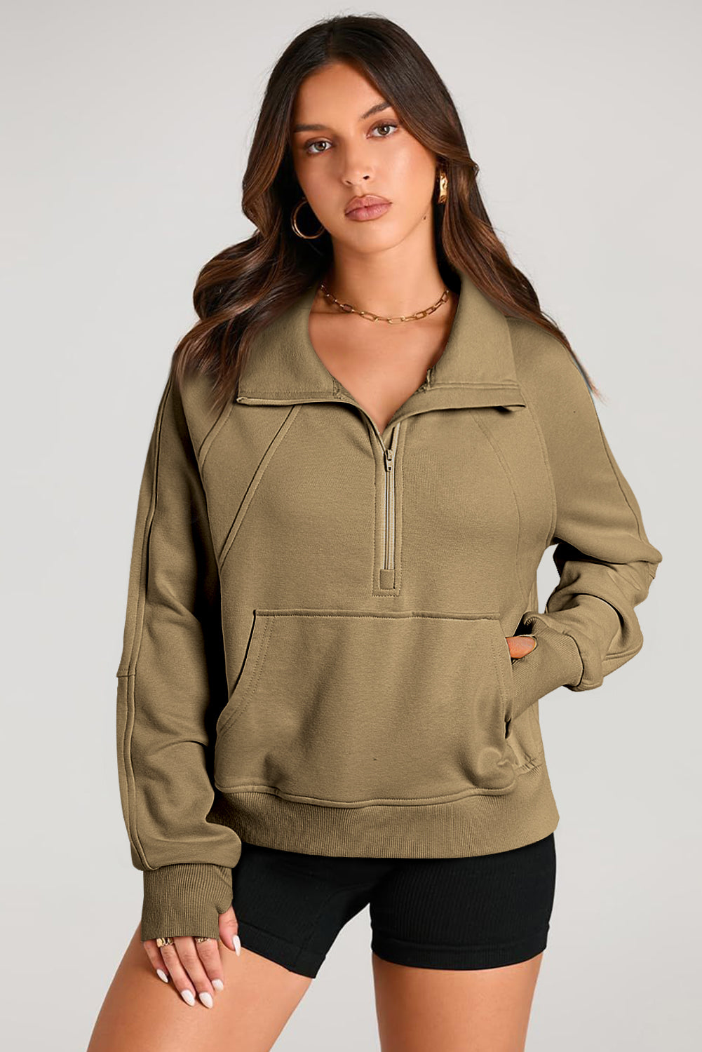 Quarter Zip Stand Neck Kangaroo Pocket Sweatshirt