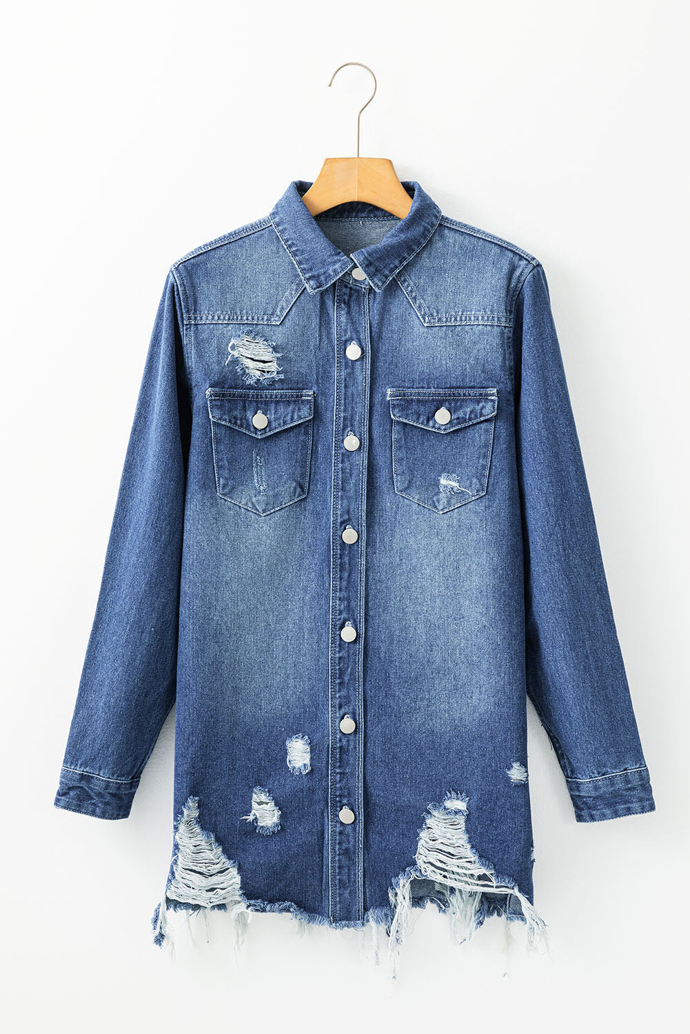 Beau Blue Light Wash Distressed Frayed Long Denim Jacket