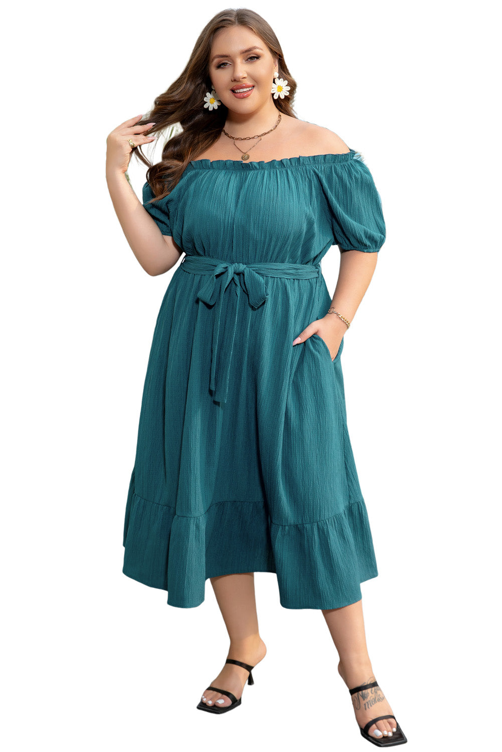 Puff Sleeve Belted Ruffle Hem Plus Size Dress