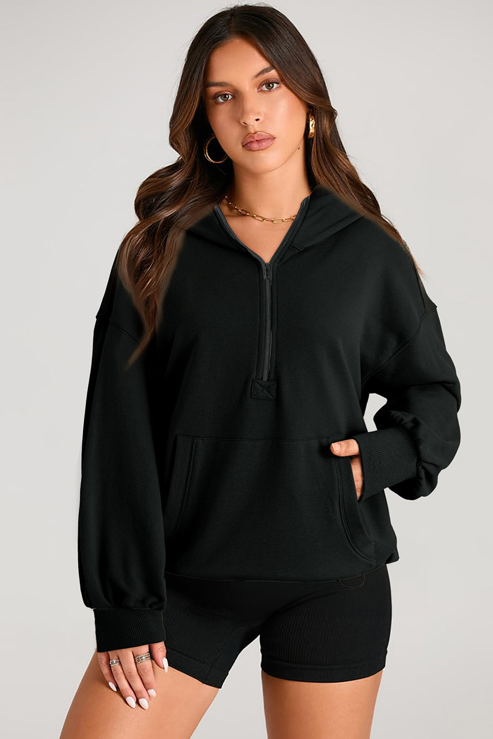 Solid Kangaroo Pocket Half Zipper Oversized Hoodie