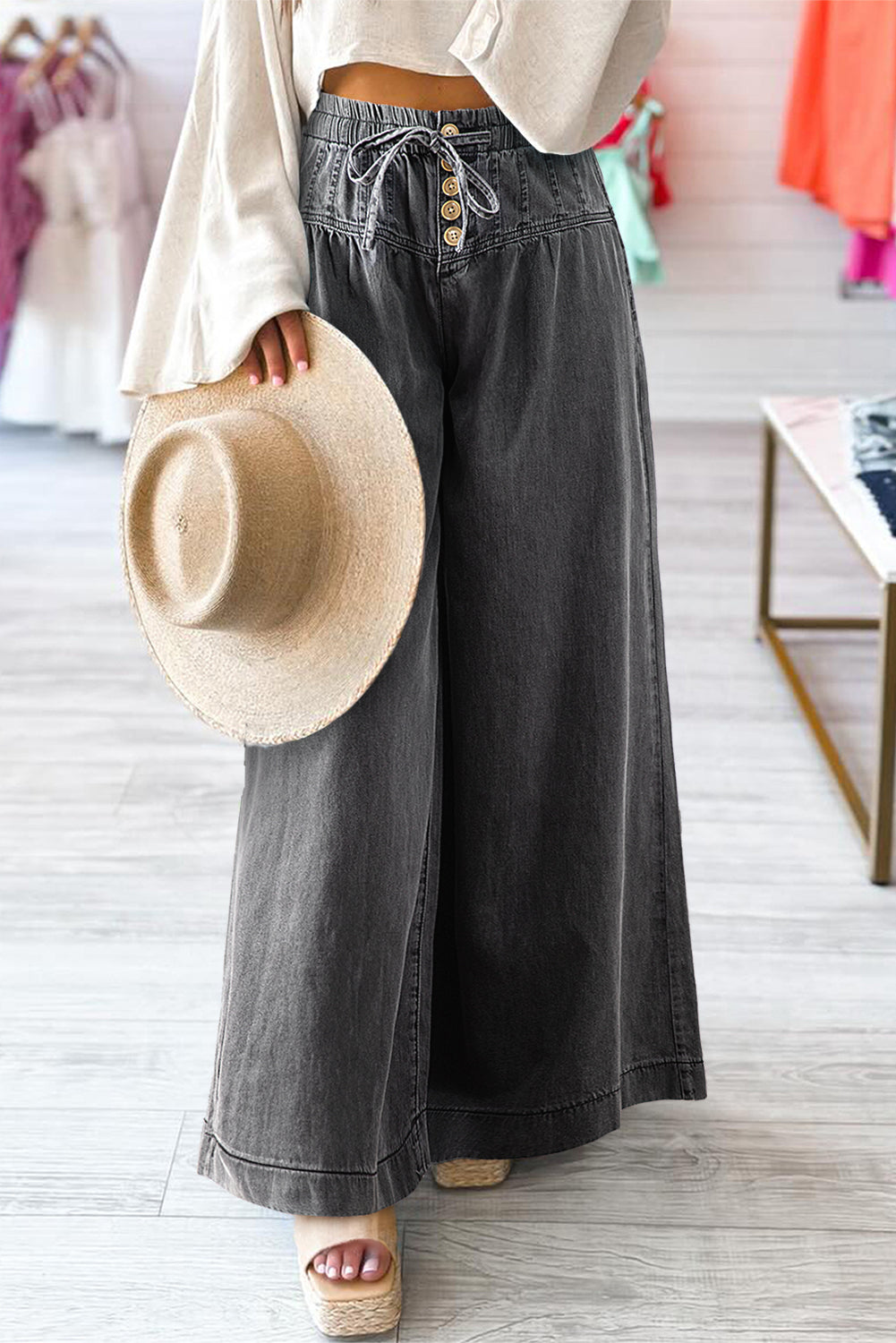 Button Fly Waist Wide Leg Jeans