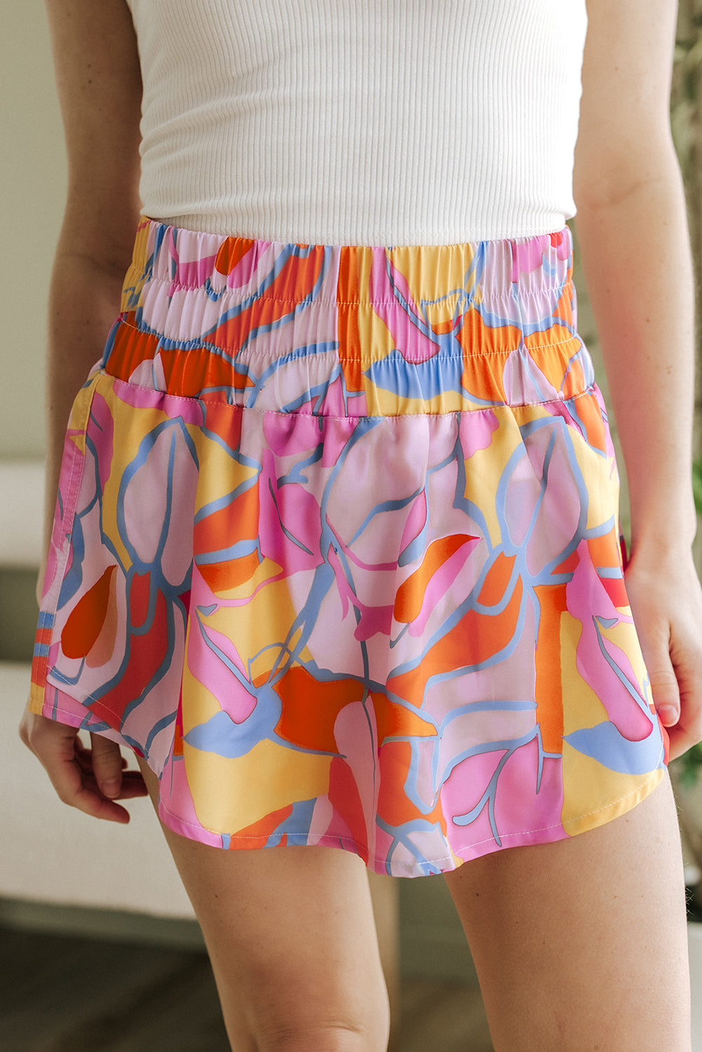 Green Abstract Smock Waist Shorts