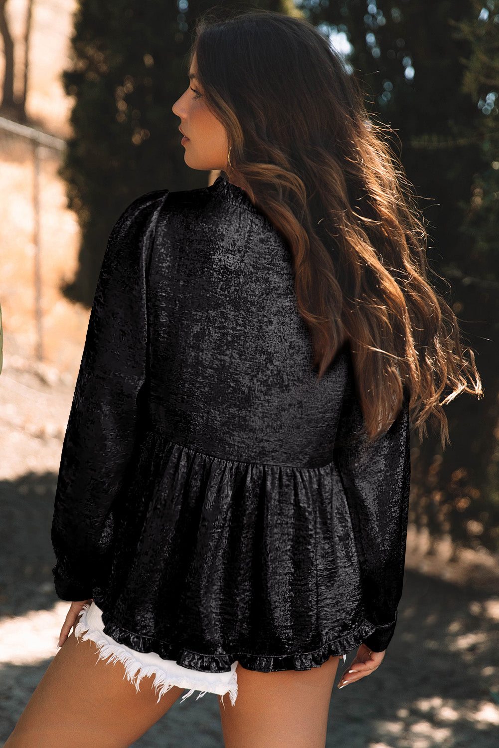 Frilled V Neck Puff Sleeve Babydoll Blouse