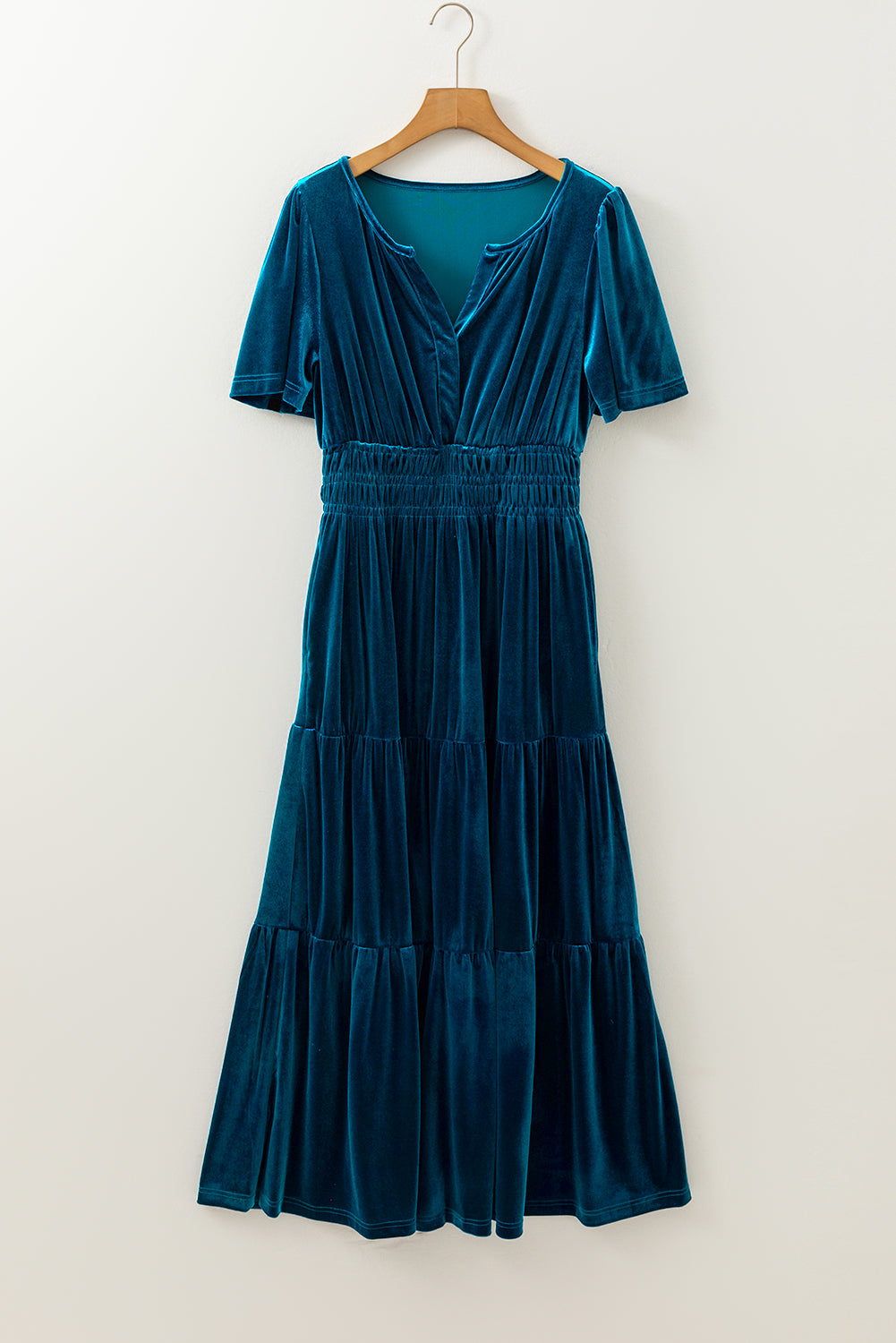 Velvet Short Sleeve Shirred Waist Tiered Maxi Dress