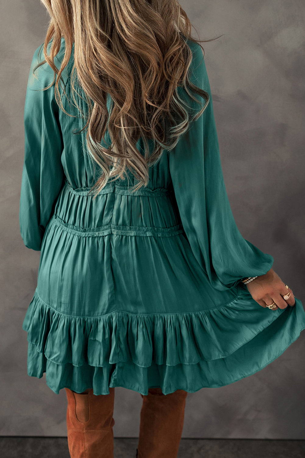 Tiered Ruffled Puff Sleeve Loose Fit Dress