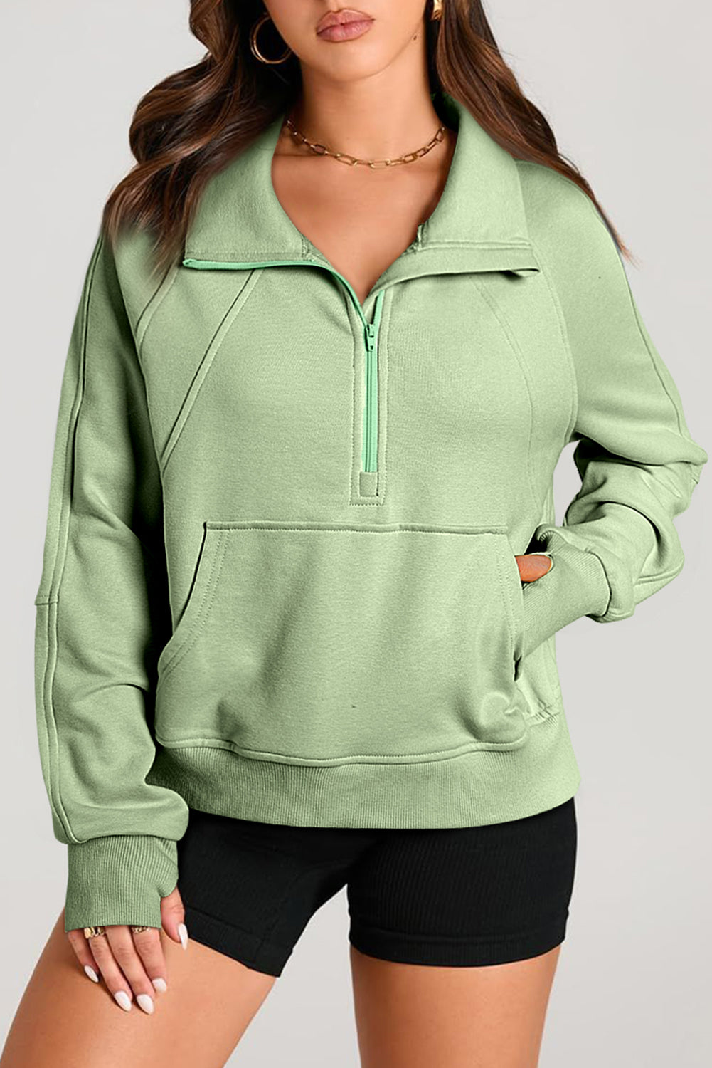 Quarter Zip Stand Neck Kangaroo Pocket Sweatshirt