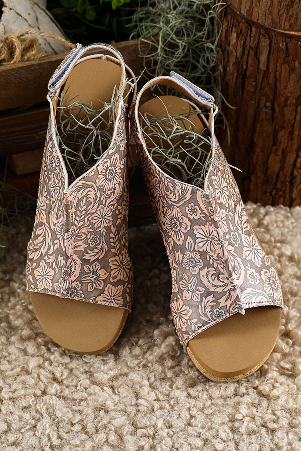 Brown Vintage Floral Leather Rivet Platform Sandals