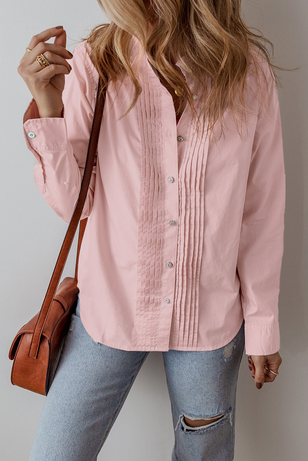 Pleated Button-Up Loose Fit Casual Shirt