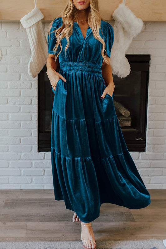 Velvet Short Sleeve Shirred Waist Tiered Maxi Dress