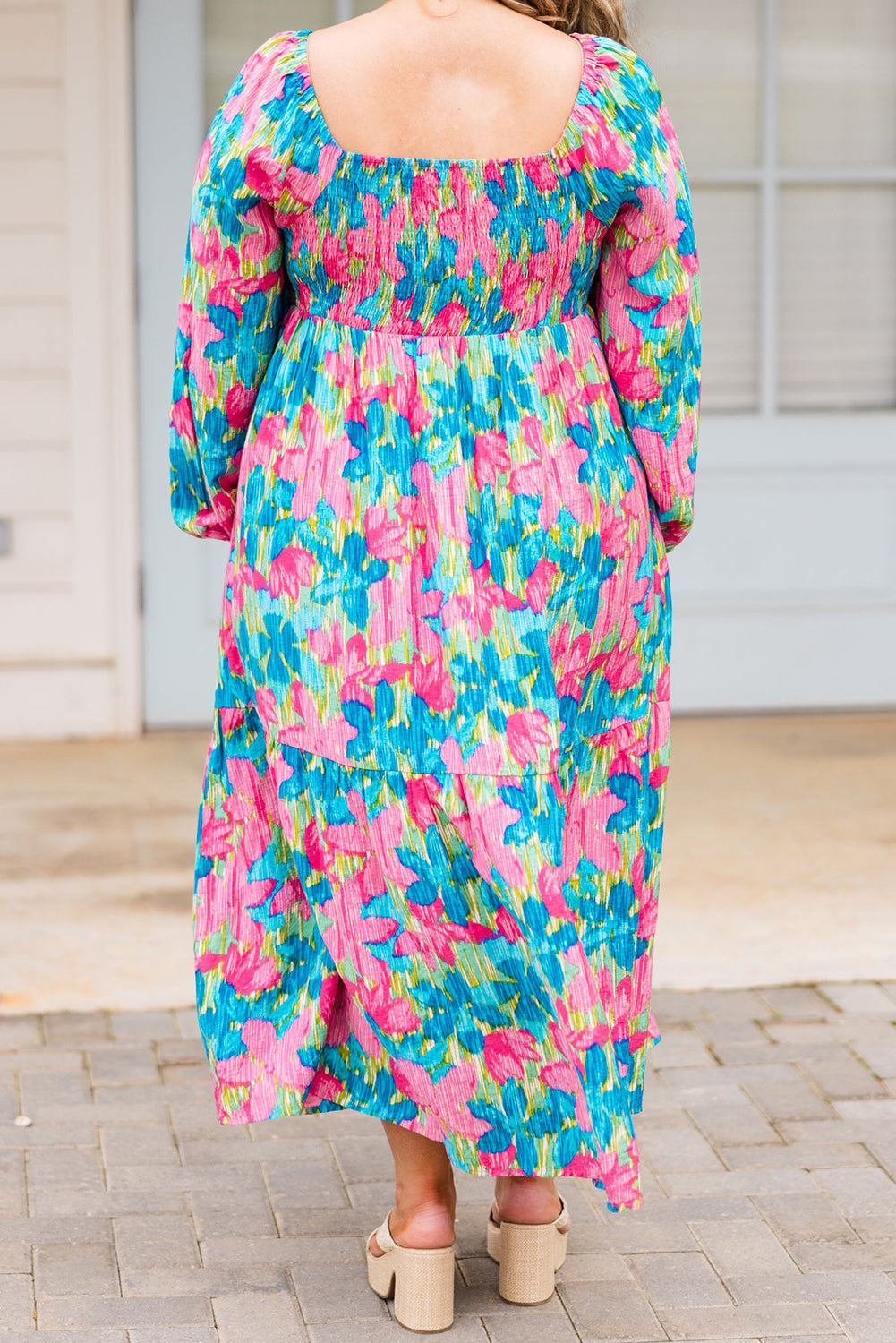 Floral Print Shirred Square Neck Plus Size Dress