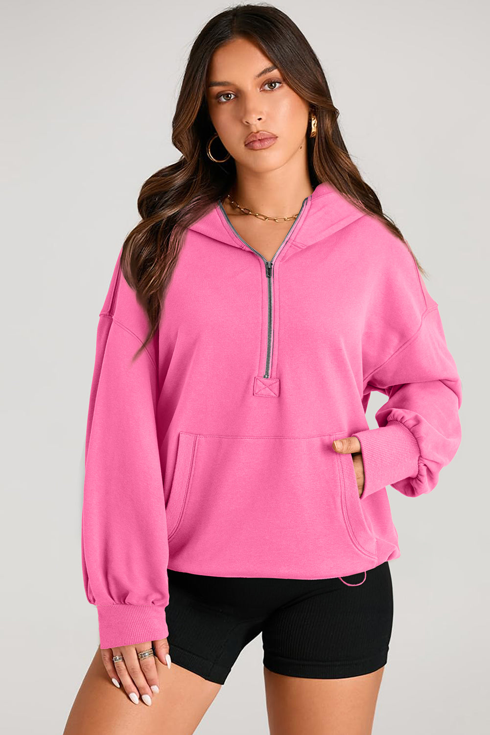 Solid Kangaroo Pocket Half Zipper Oversized Hoodie