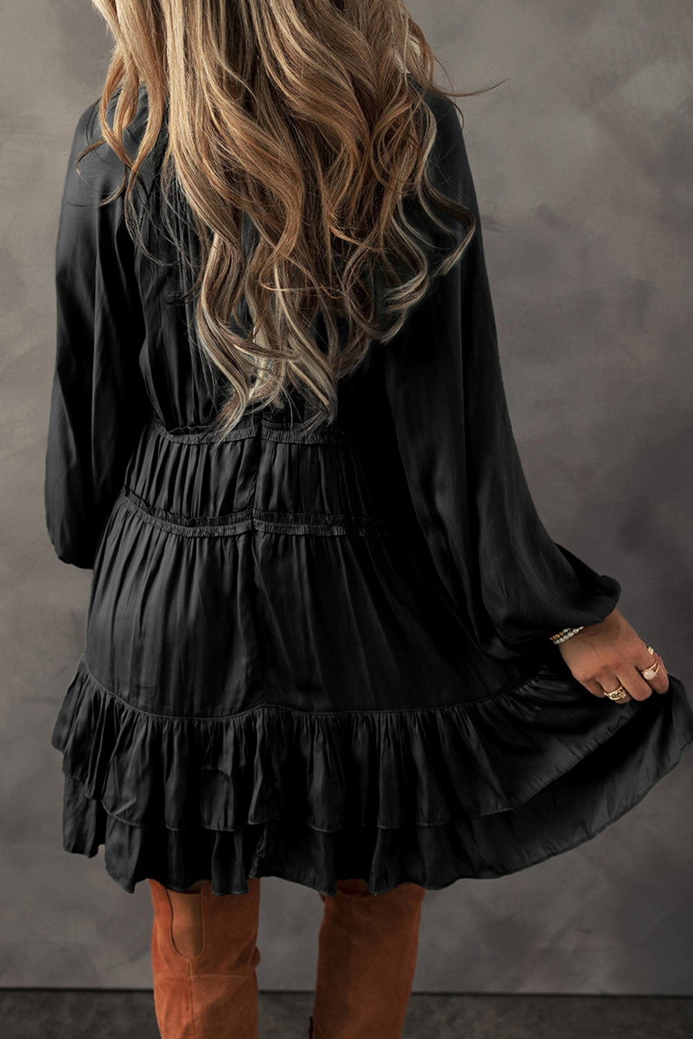 Tiered Ruffled Puff Sleeve Loose Fit Dress