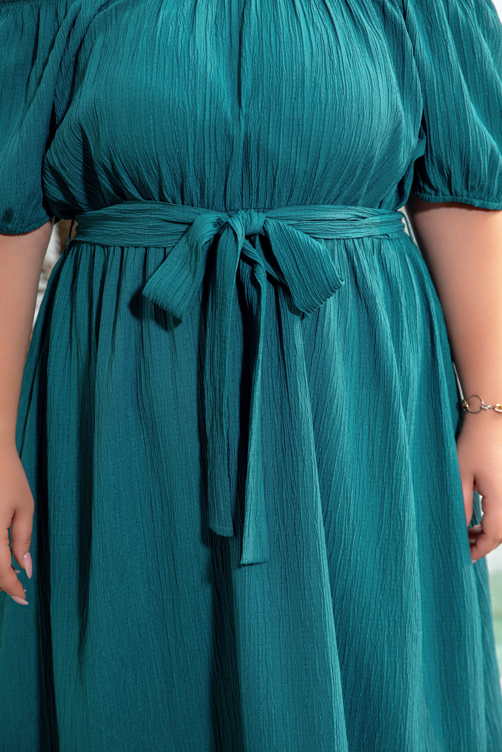 Puff Sleeve Belted Ruffle Hem Plus Size Dress
