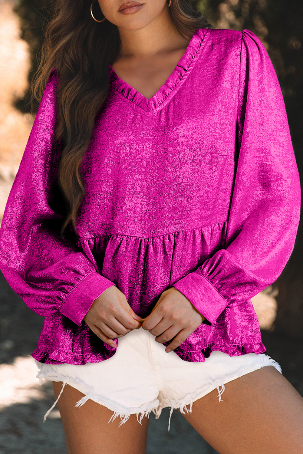 Frilled V Neck Puff Sleeve Babydoll Blouse