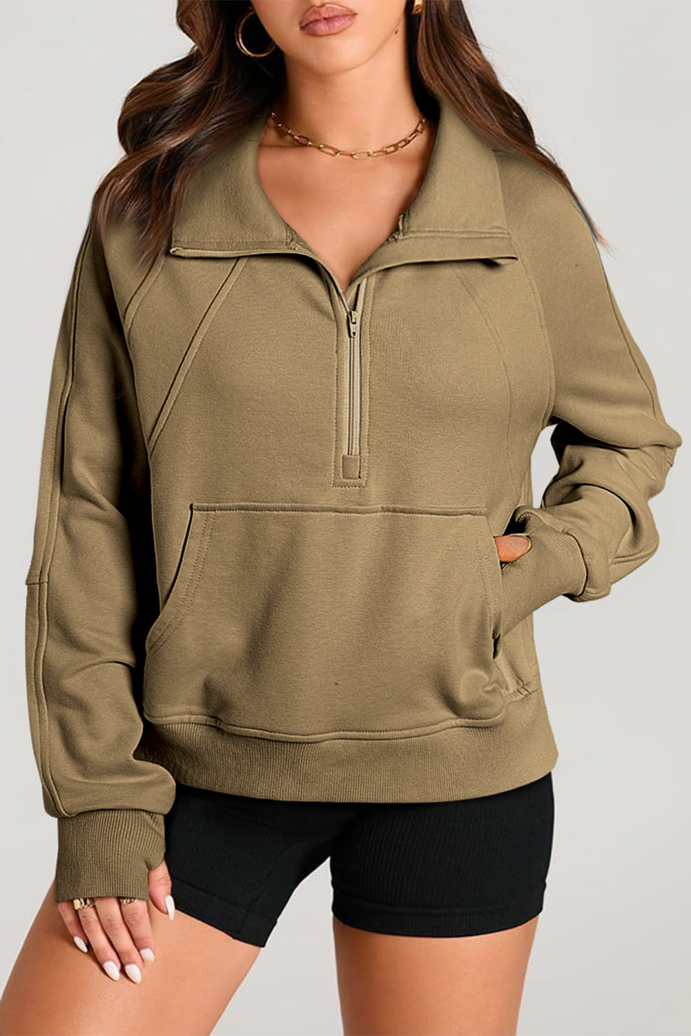 Quarter Zip Stand Neck Kangaroo Pocket Sweatshirt