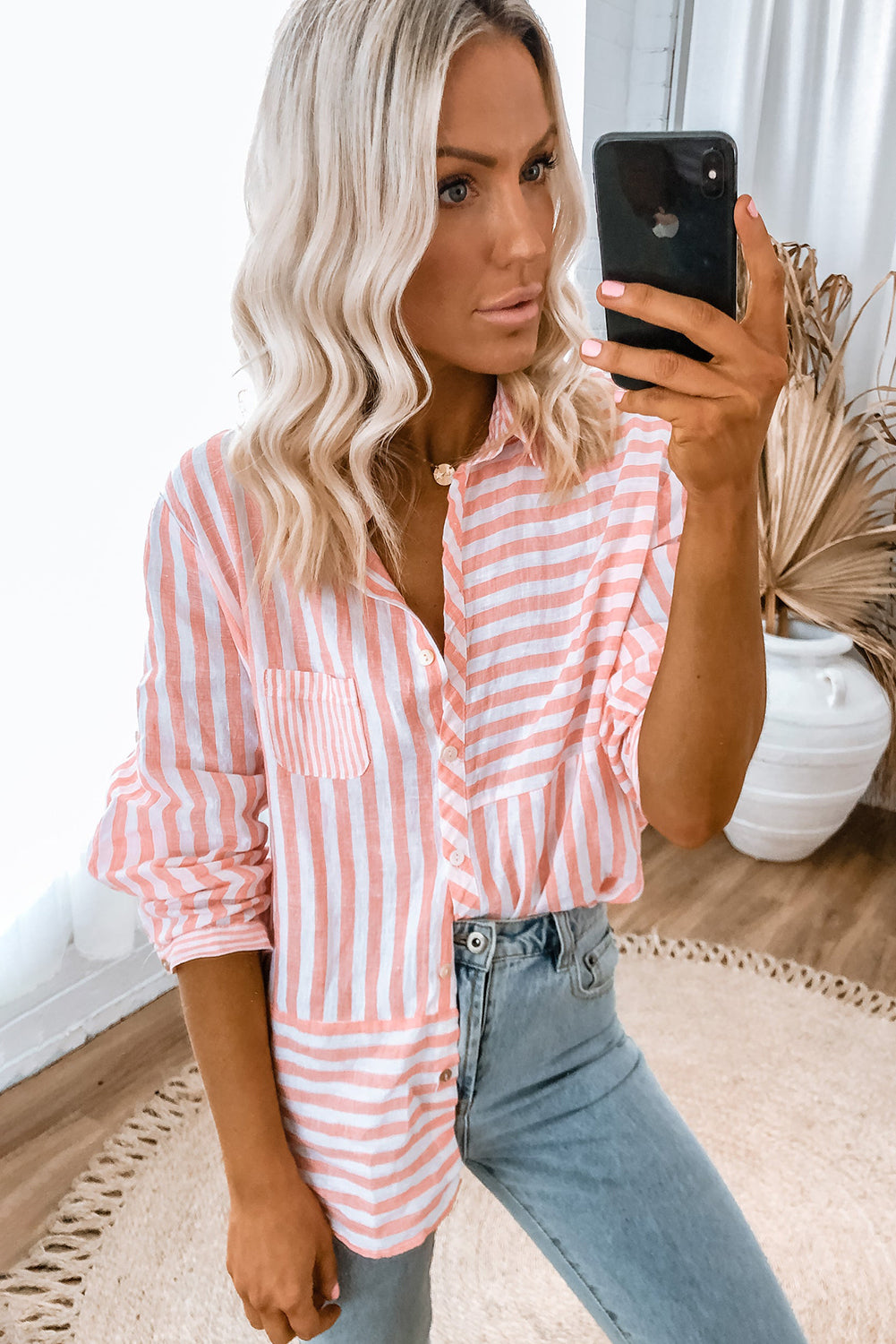 Pink Stripe Buttoned Long Sleeve Shirt