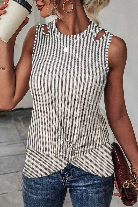 Gray Striped Cutout Twist Tank Top