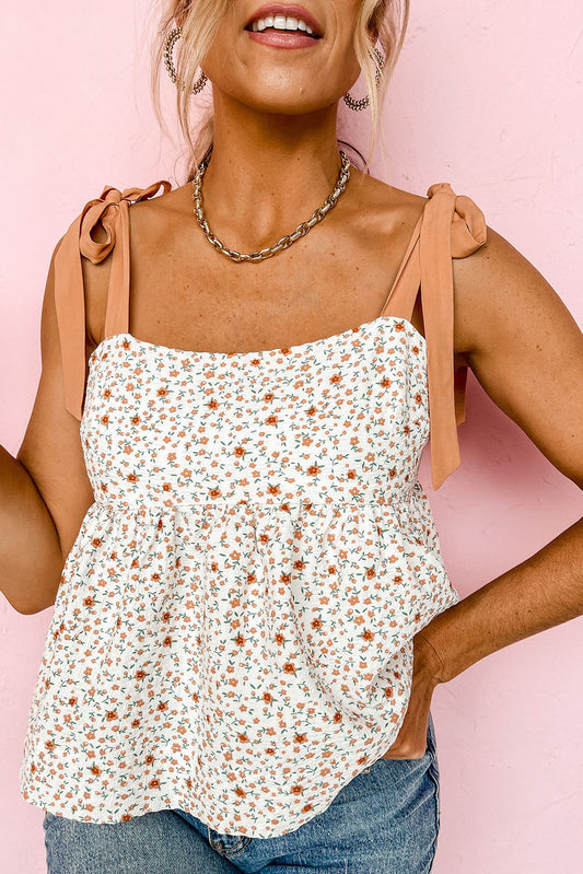 White Tied Shoulder Floral Babydoll Tank