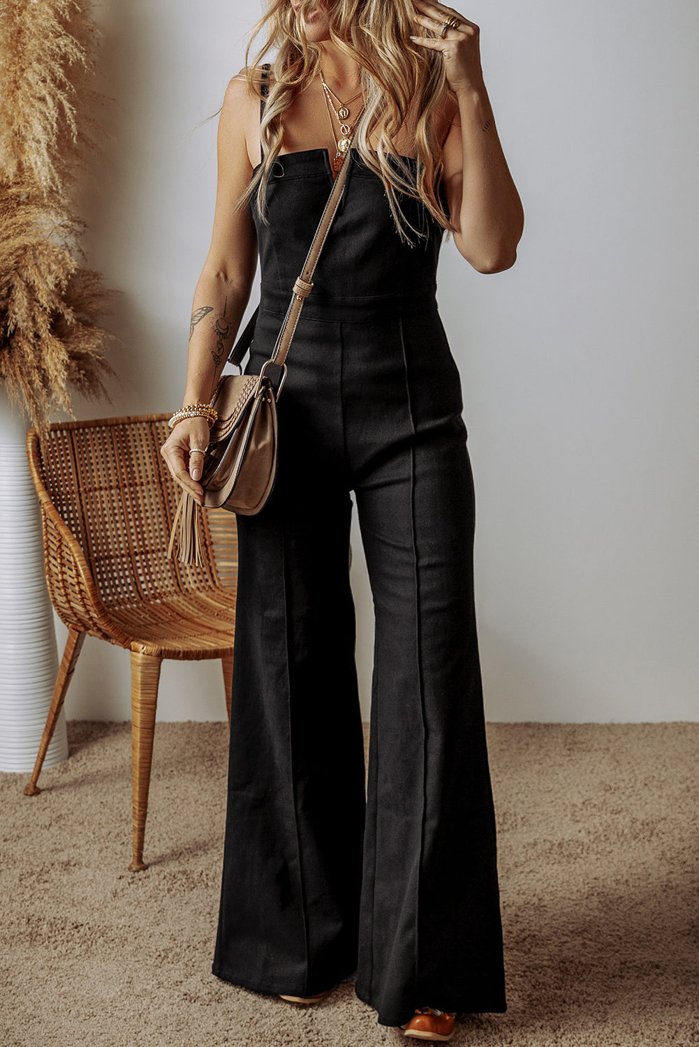 Zipper Spaghetti Strap High Waist Flared Jumpsuit