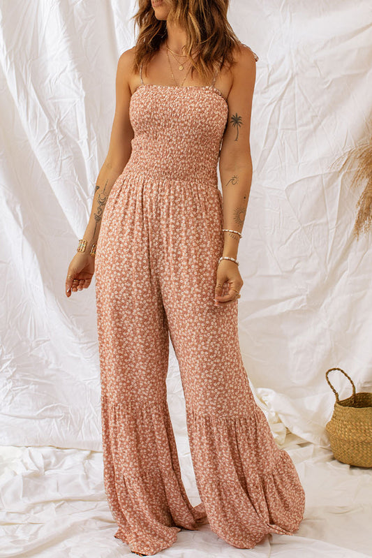 Khaki Smocked Bodice Floral Jumpsuit