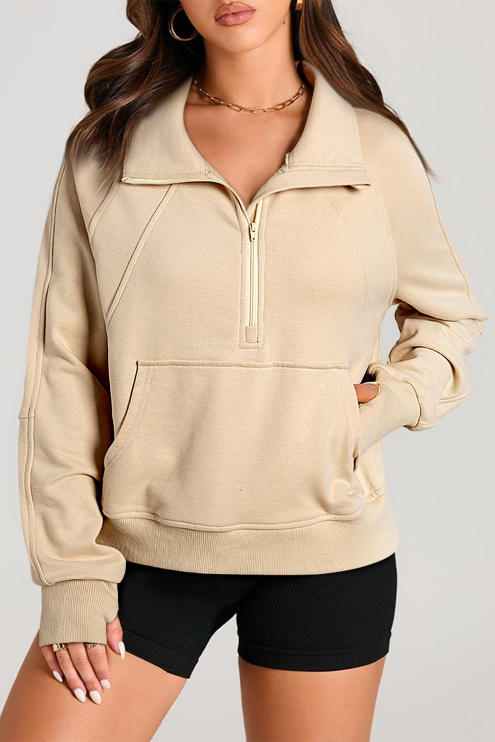 Quarter Zip Stand Neck Kangaroo Pocket Sweatshirt