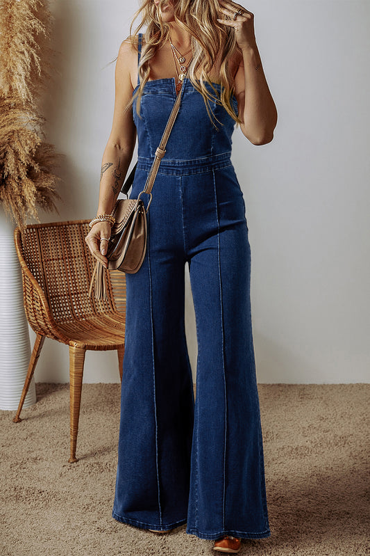 Zipper Spaghetti Strap High Waist Flared Jumpsuit