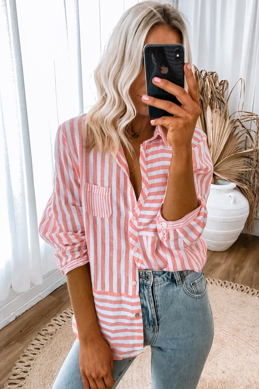 Pink Stripe Buttoned Long Sleeve Shirt