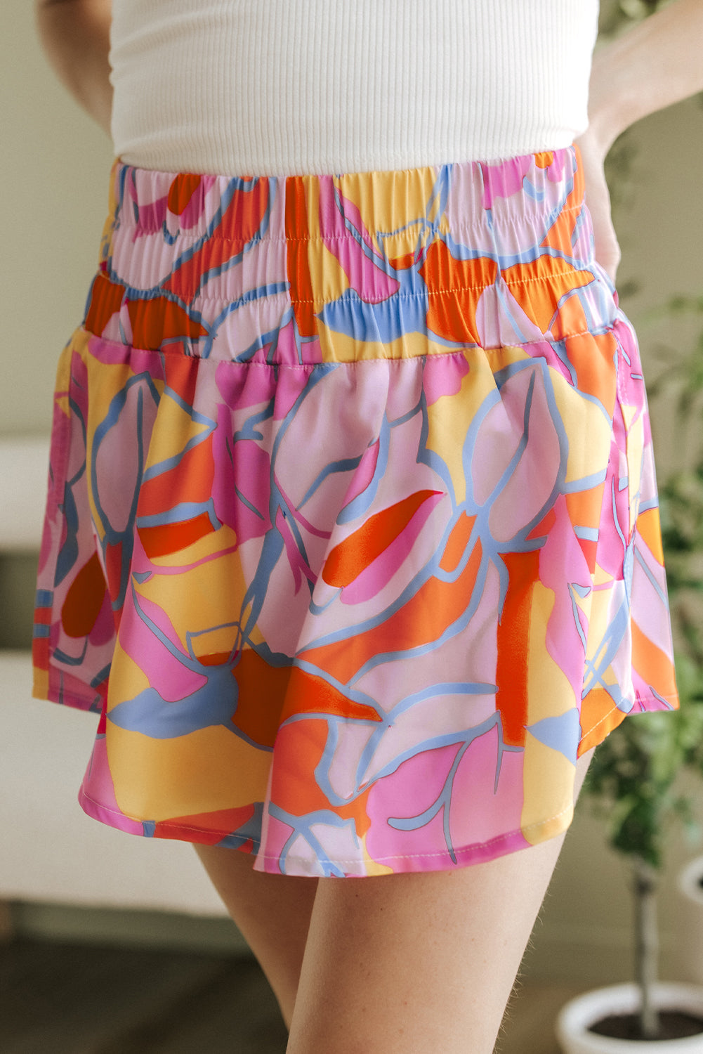 Green Abstract Smock Waist Shorts