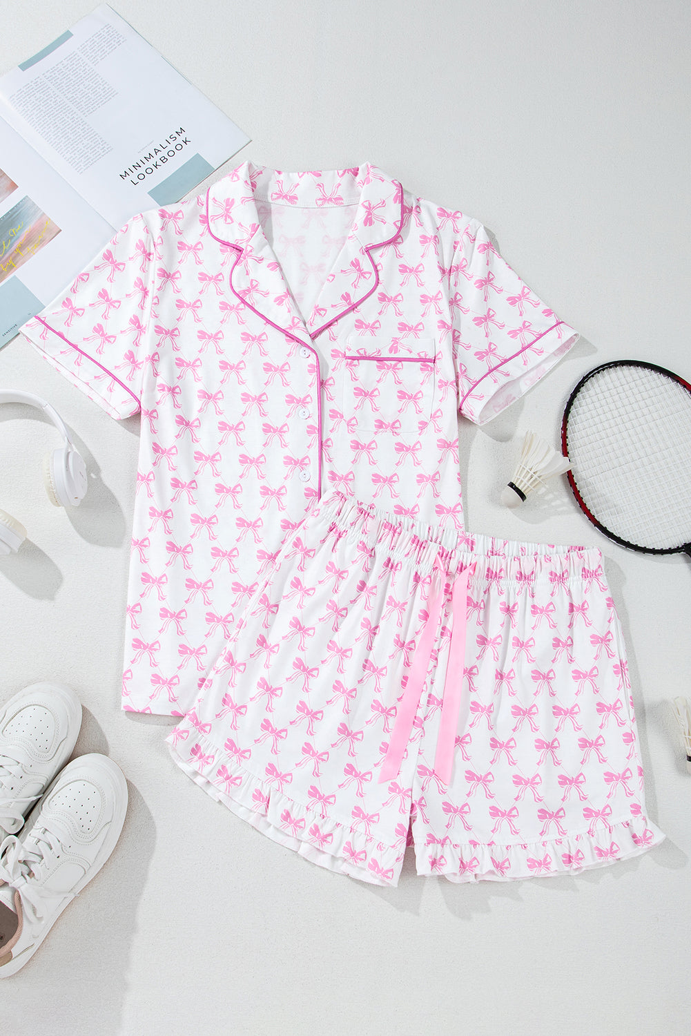 Pink Bowknot Printed Valentines Pajama Set
