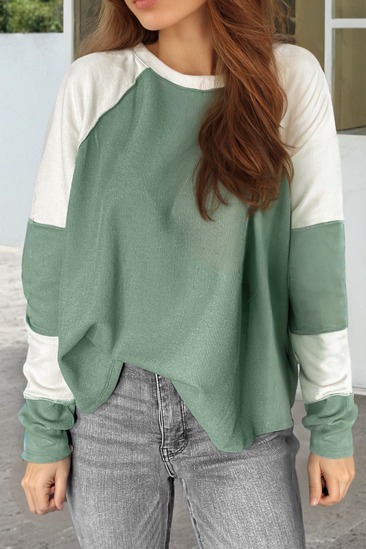 Mint Green Ribbed Colorblock Patchwork Long Sleeve Top