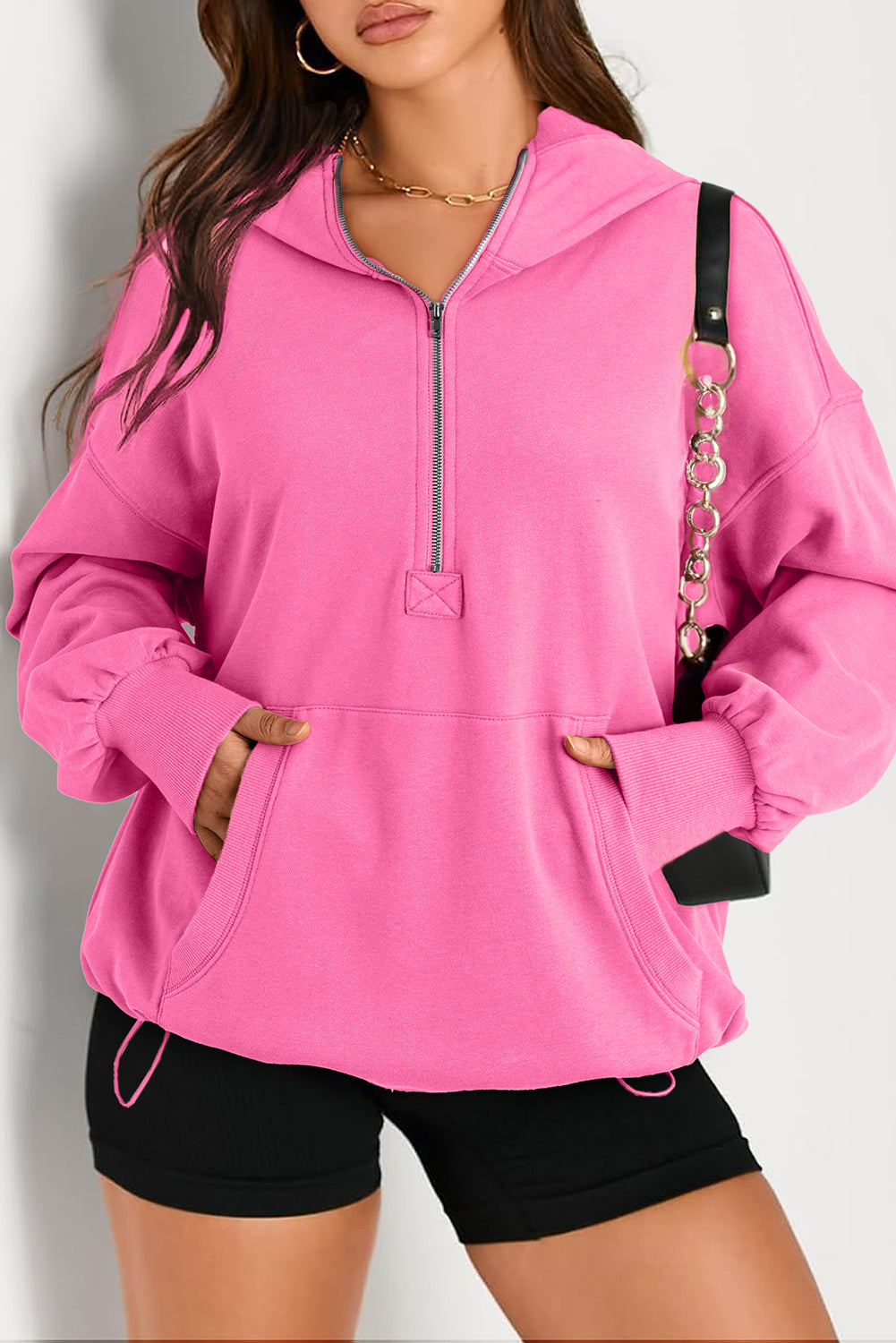 Solid Kangaroo Pocket Half Zipper Oversized Hoodie