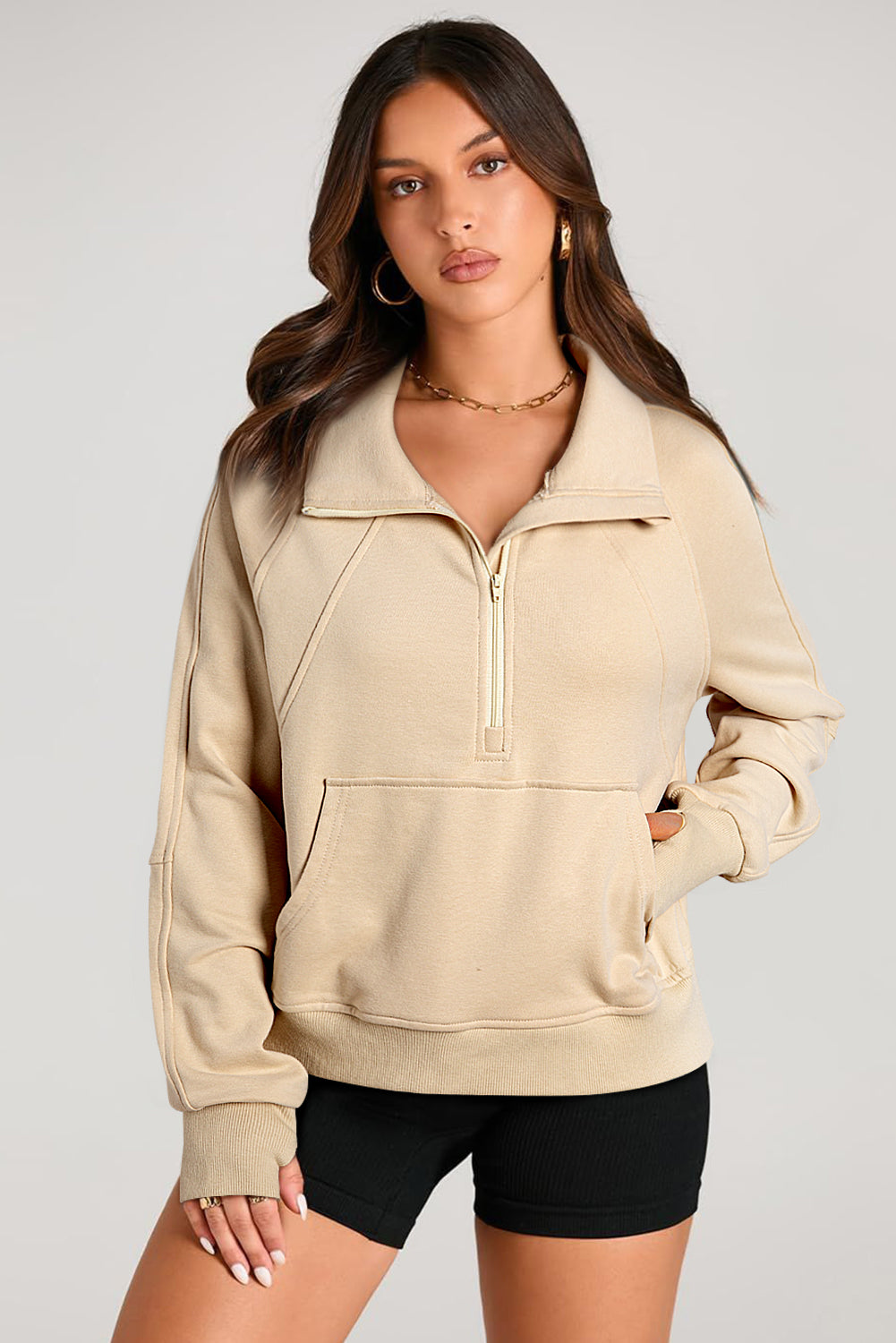 Quarter Zip Stand Neck Kangaroo Pocket Sweatshirt