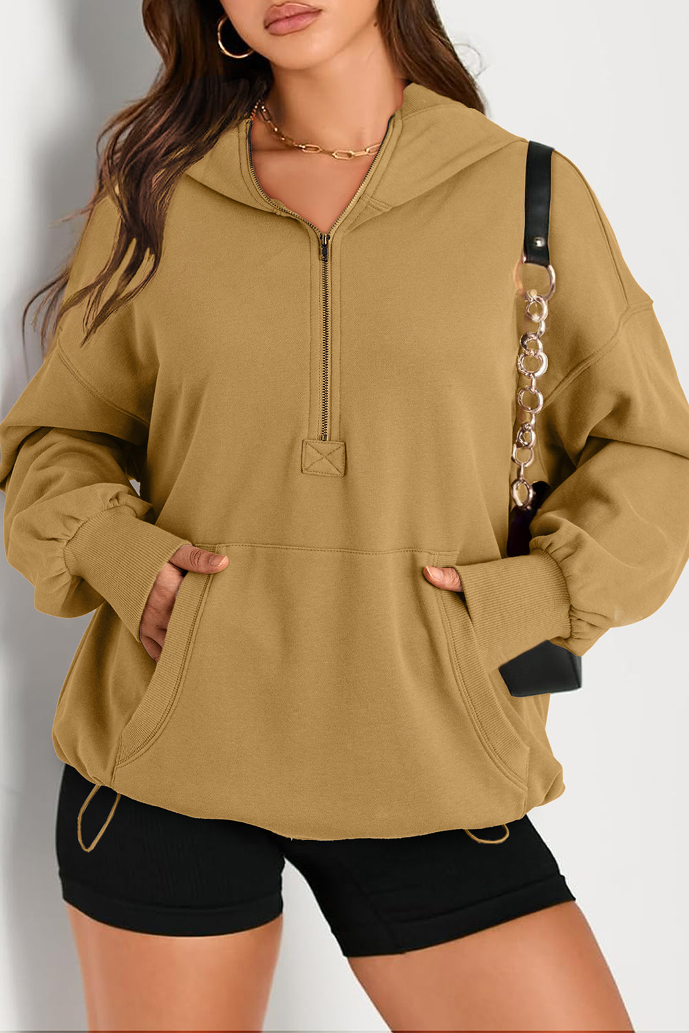 Solid Kangaroo Pocket Half Zipper Oversized Hoodie